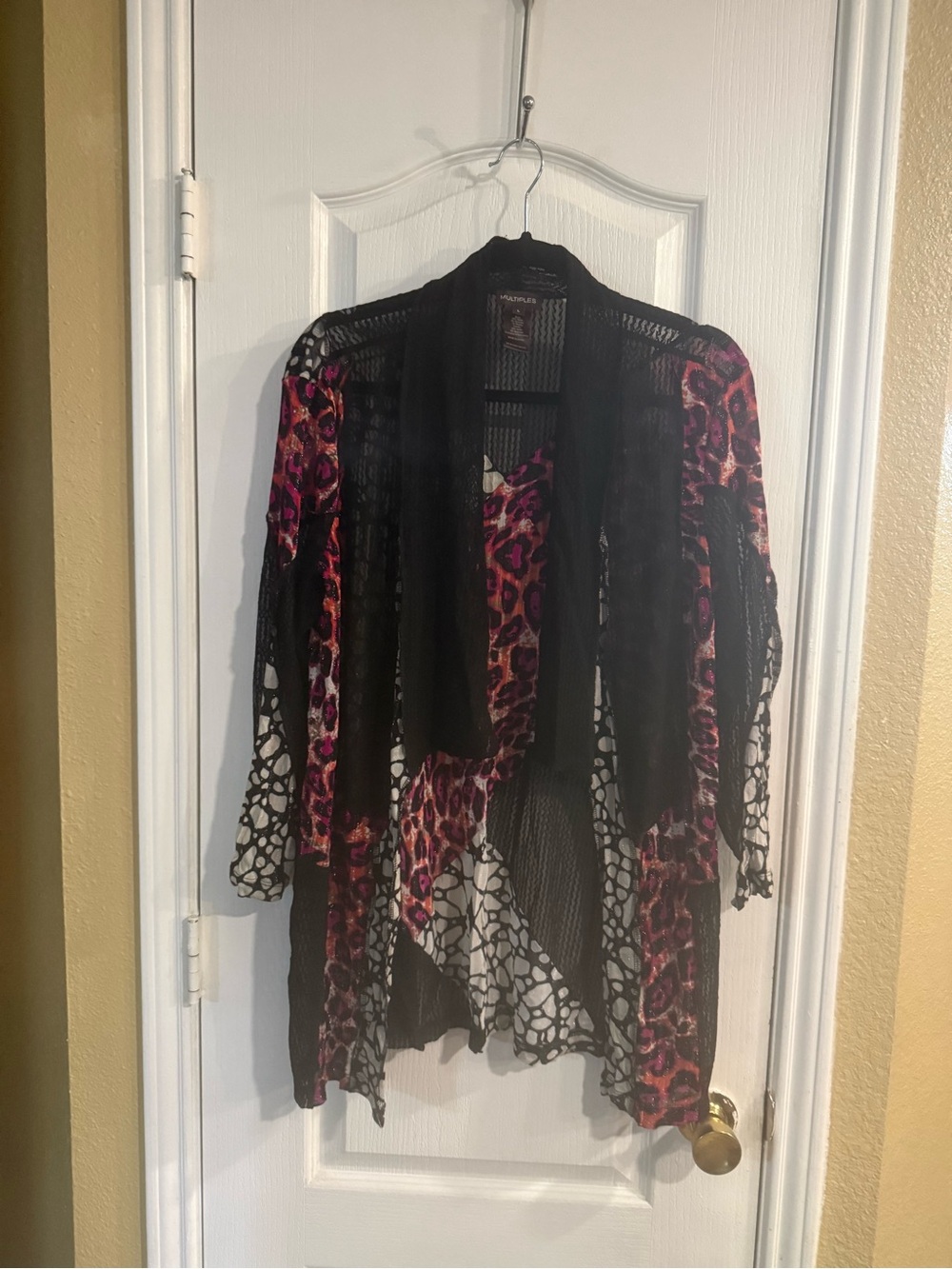 Multiples Black Open-Knit Cardigan with Pink Leopard and Orange Accents